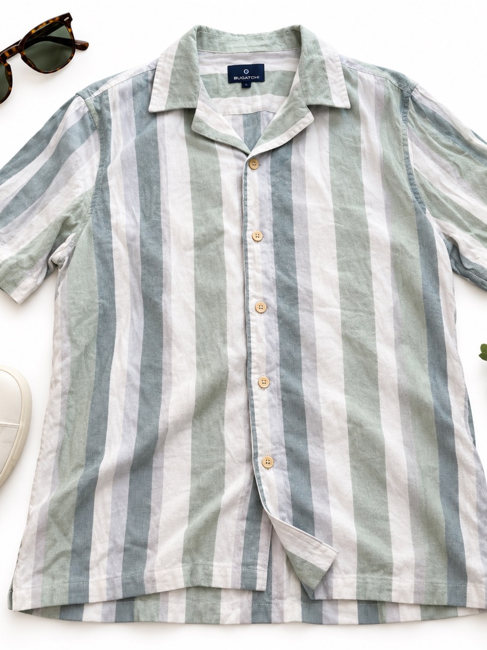 Ben Sherman Shirt Mens Medium Green Stripe Camp Collar Cotton Rayon Short Sleeve